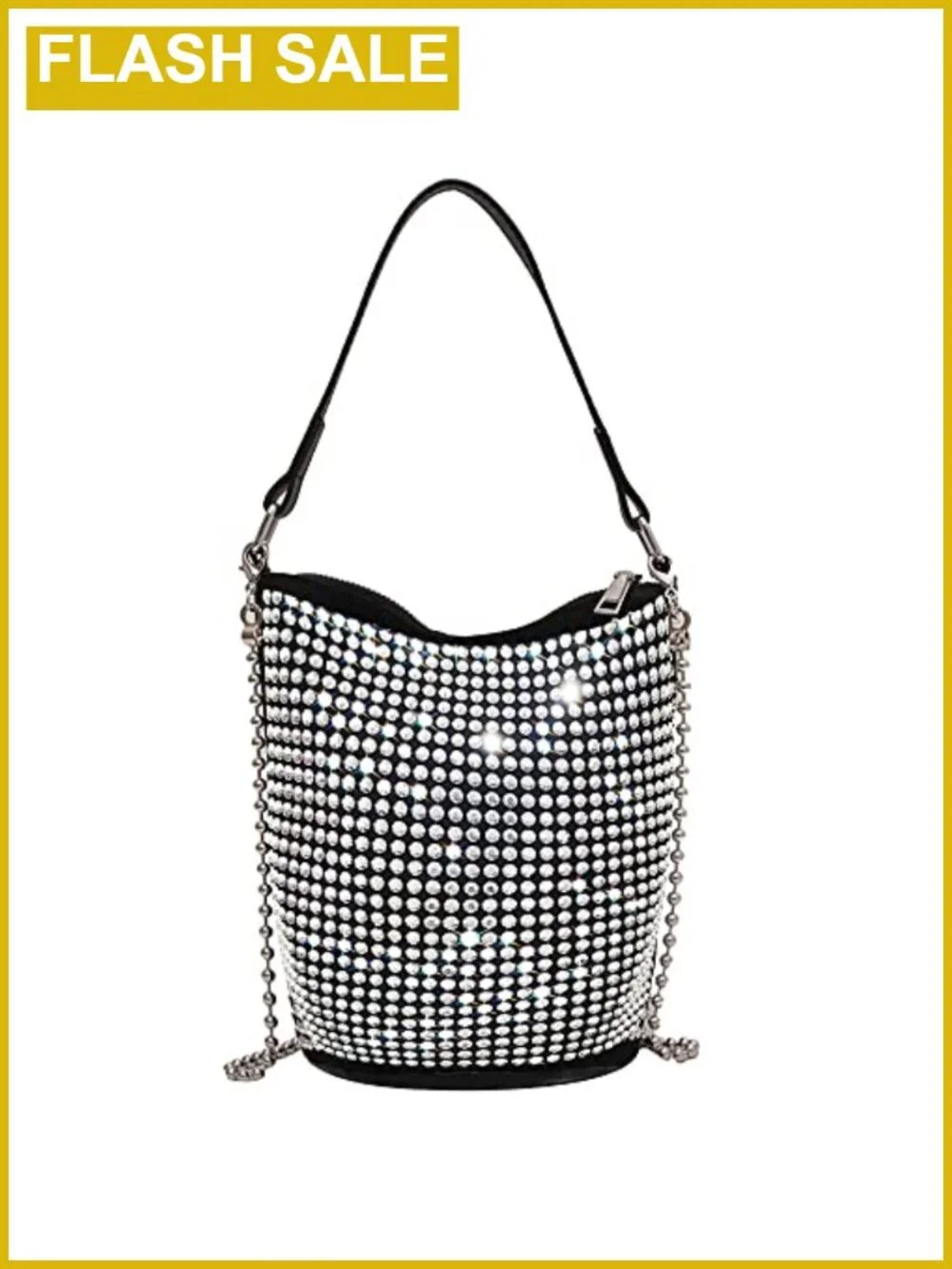 Rhinestone Studded Hobo Bag with Chain, Faux Suede and Faux Leather, Bling